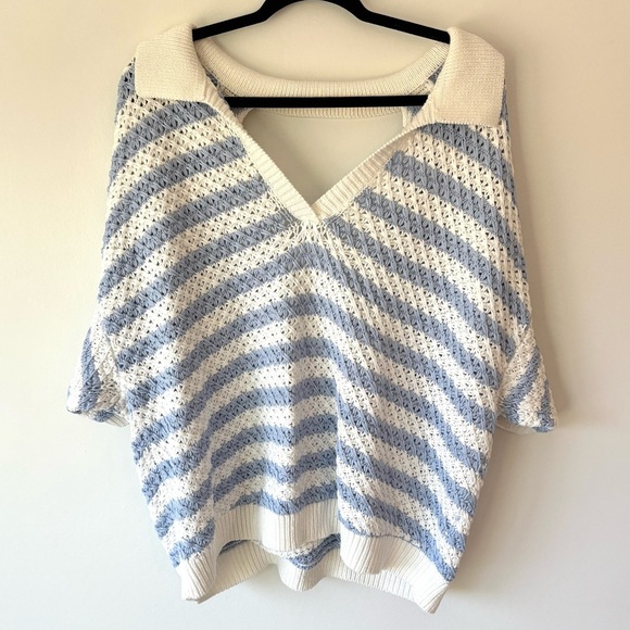 Anthropologie Maeve Grace Blue White Stripe Collared Short Sleeve Knit Sweater - Picture 4 of 14